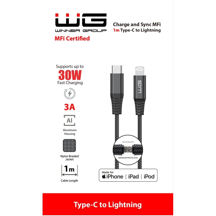 Winner Group - USB kabel MFI Lightning / USB-C 1m črna