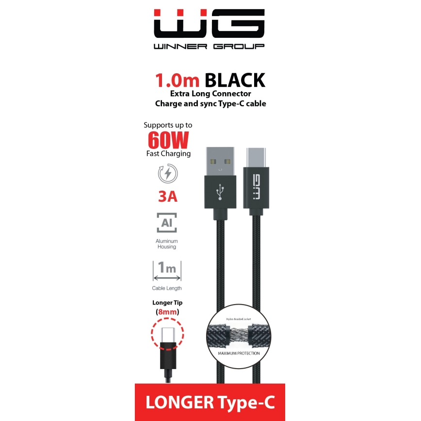 Winner Group - USB kabel s podaljšanim priključkom USB-C / USB-A 1m črna