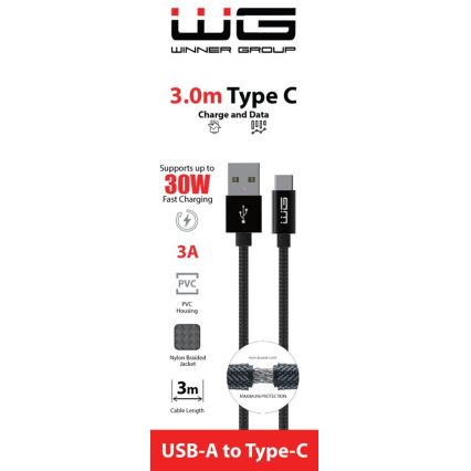 Winner Group - USB kabel USB-C / USB-A 30W 3m črna