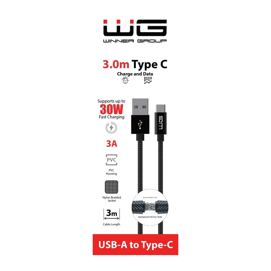 Winner Group - USB kabel USB-C / USB-A 30W 3m črna