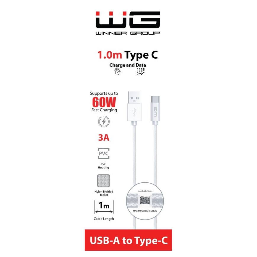 Winner Group - USB kabel USB-C / USB-A 60W 1m bela