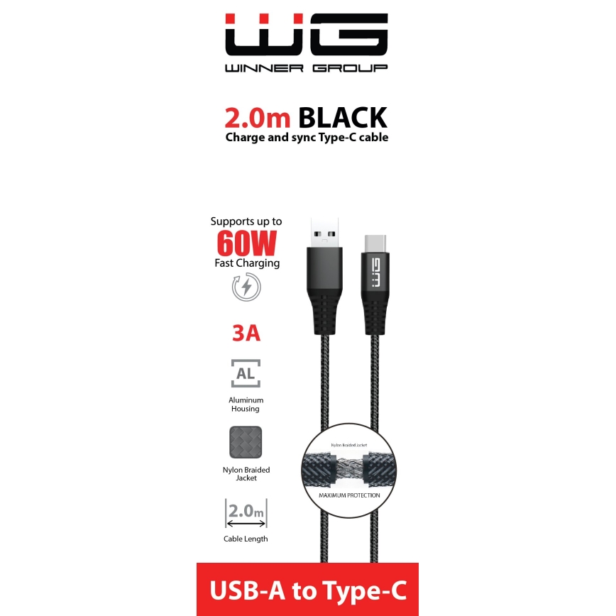 Winner Group - USB kabel USB-C / USB-A 60W 2m črna