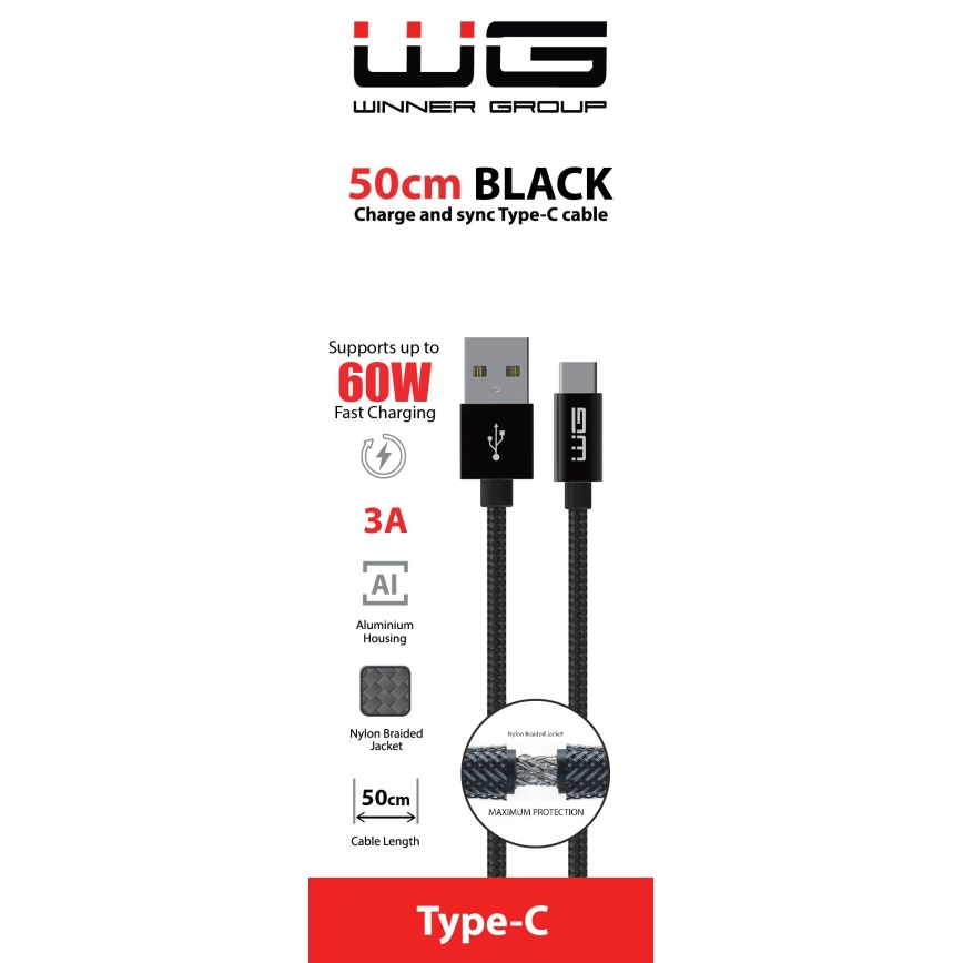 Winner Group - USB kabel USB-C / USB-A 60W 50cm črna