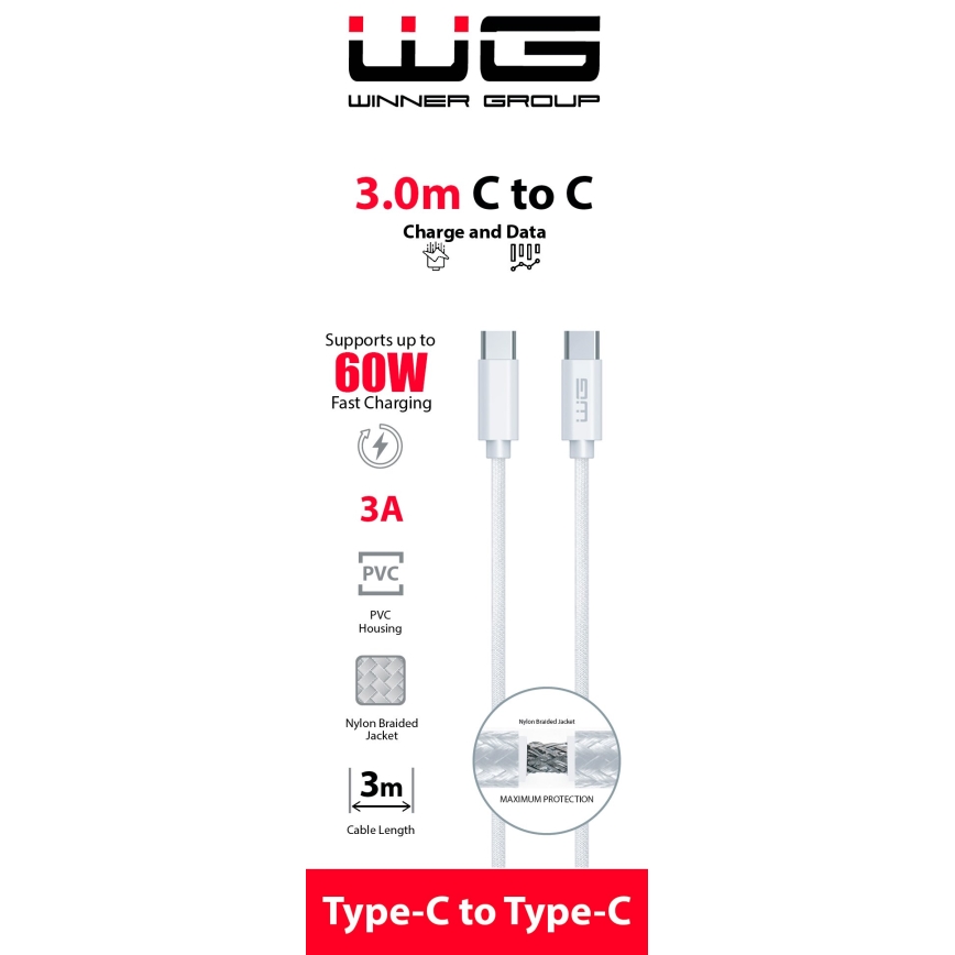 Winner Group - USB kabel USB-C / USB-C 60W 3m bela