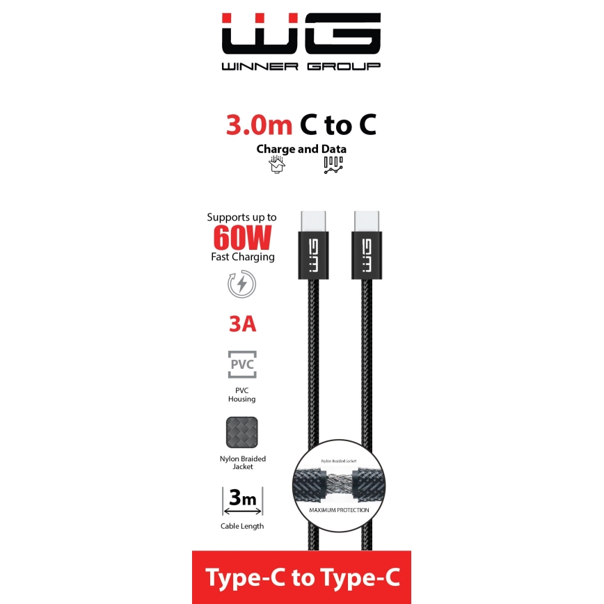 Winner Group - USB kabel USB-C / USB-C 60W 3m črna