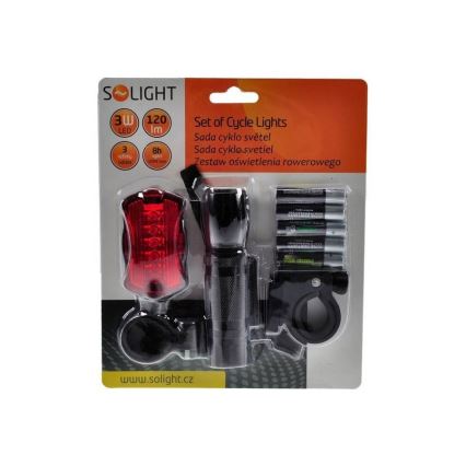 Komplet luči za kolo - sprednja LED 3W + zadnja 5xLED, 2xnosilec, 2x+3xAAA baterije IP44