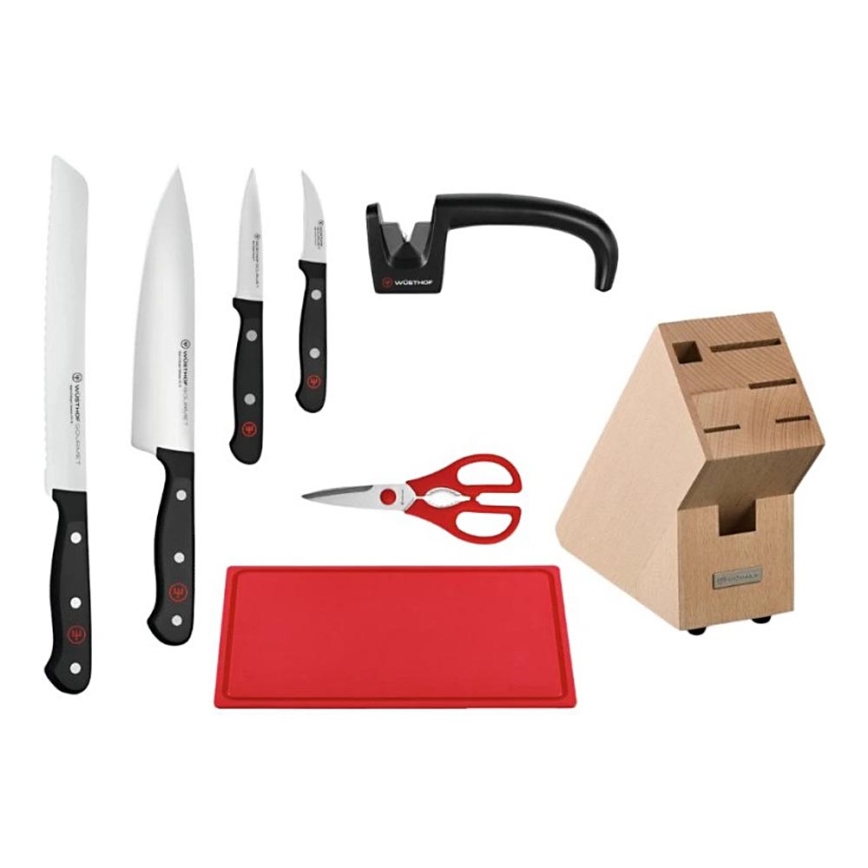Wüsthof - 8-delni komplet kuhinjskih nožev GOURMET v stojalu z brusilnikom in desko za rezanje