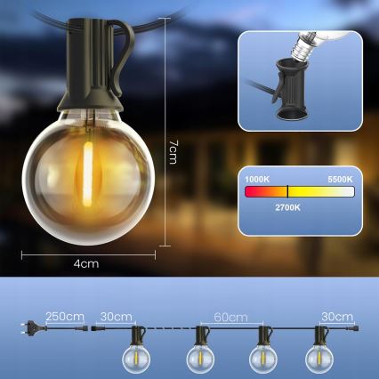 LED zatemnjevalni zunanji dekorativni niz 25xE12/1W/24/230V 17,5 m IP65 črn + daljinski upravljalnik