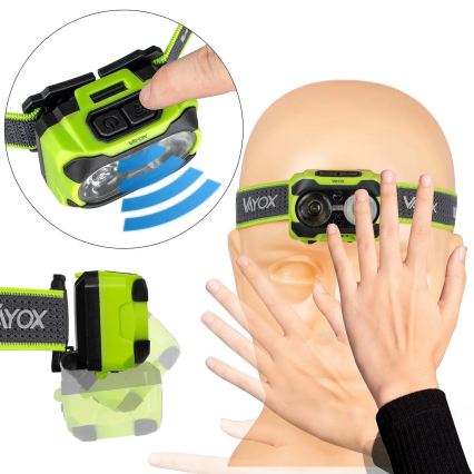 LED nastavljiva polnilna naglavna svetilka s senzorjem in rdečo lučjo LED/10W/5V/3xAAA IP44 600 lm 1200 mAh