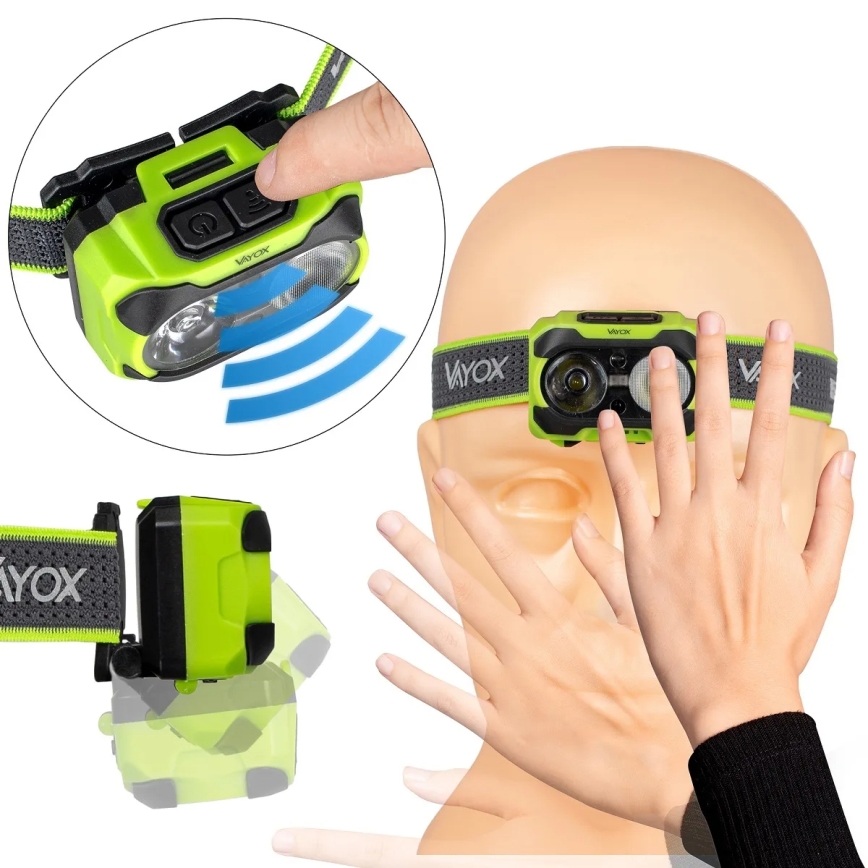 LED nastavljiva polnilna naglavna svetilka s senzorjem in rdečo lučjo LED/10W/5V/3xAAA IP44 600 lm 1200 mAh