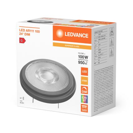 Zatemnljiva LED žarnica AR111 G53/13,5W/12V 2700K 24° CRI 97 - Ledvance
