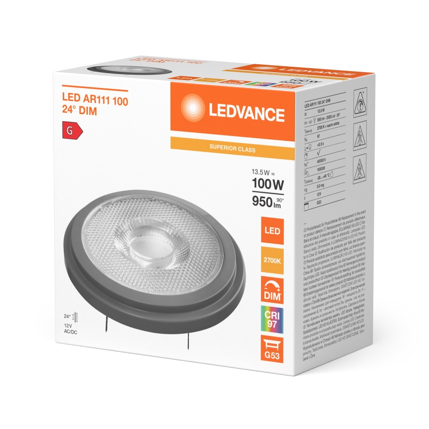 Zatemnljiva LED žarnica AR111 G53/13,5W/12V 2700K 24° CRI 97 - Ledvance