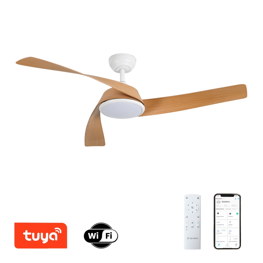 ZEVENTI - LED zatemljiv stropni ventilator AERYS LED/24W/230V 3000/4000/6000K Wi-Fi Tuya bela/hrast + daljinski upravljalnik