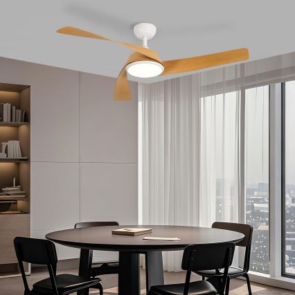 ZEVENTI - Zatemljiv LED stropni ventilator AERYS LED/24W/230V 3000/4000/6000K Wi‑Fi Tuya bela/hrast + daljinski upravljalnik