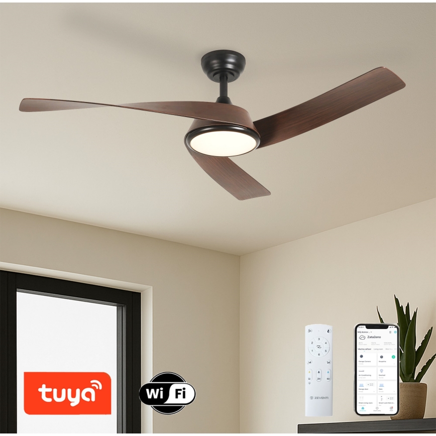 ZEVENTI - Zatemnjujoč LED stropni ventilator AERYS LED/24W/230V 3000/4000/6000K Wi‑Fi Tuya črna/oreh + daljinski upravljalnik