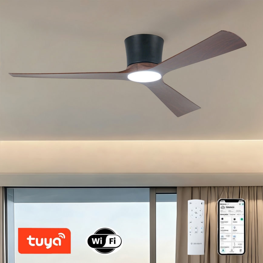 ZEVENTI - LED zatemljiv stropni ventilator AUREX LED/24W/230V 3000/4000/6000K Wi-Fi Tuya črna/oreh + daljinski upravljalnik