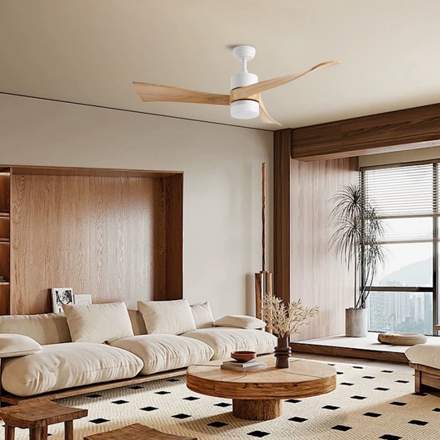 ZEVENTI - LED Zatemnitveni stropni ventilator NATURITO LED/18W/230V 3000-6000K Wi-Fi Tuya bela/hrast + Daljinski upravljalnik