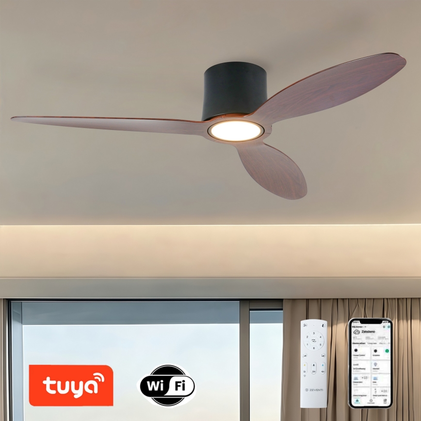 ZEVENTI - zatemnljiv LED stropni ventilator VENTORA LED/24W/230V 3000/4000/6000K Wi-Fi Tuya črna/oreh + daljinski upravljalnik