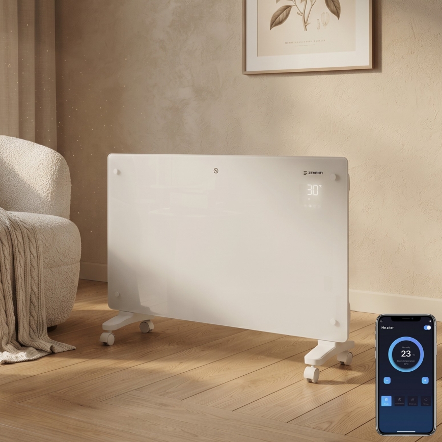 ZEVENTI - Pameten stenski električni grelnik/konvektor z LCD zaslonom 1000/2000W/230V Wi-Fi v beli barvi