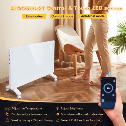 ZEVENTI - Pameten stenski električni grelnik/konvektor z LCD zaslonom 1000/2000W/230V Wi-Fi v beli barvi