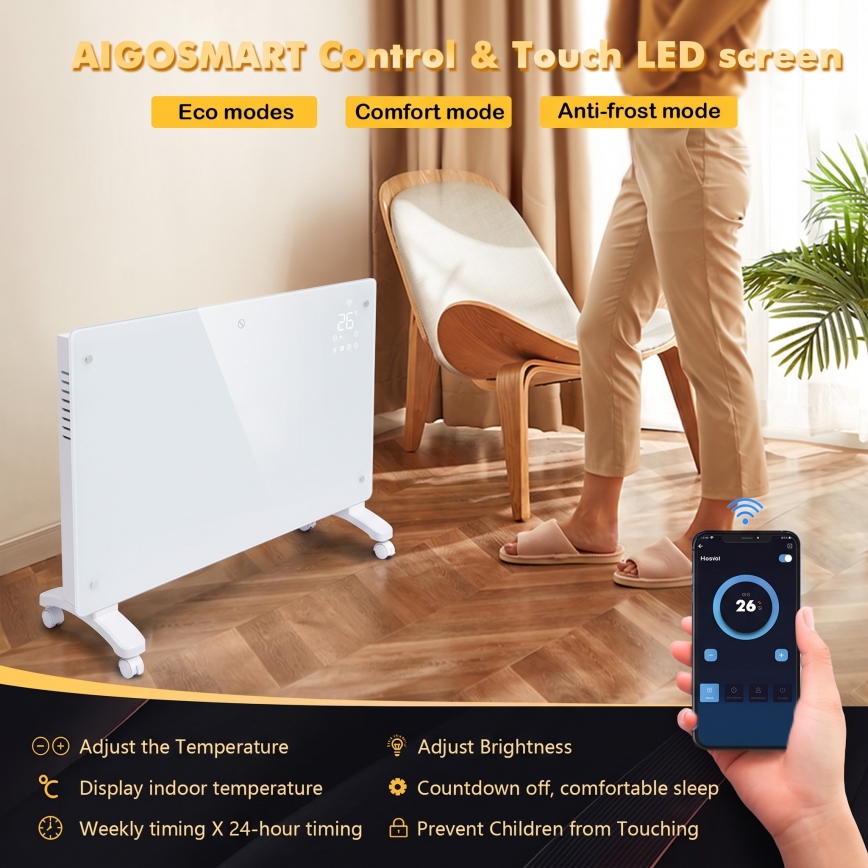 ZEVENTI - Pameten stenski električni grelnik/konvektor z LCD zaslonom 1000/2000W/230V Wi-Fi v beli barvi