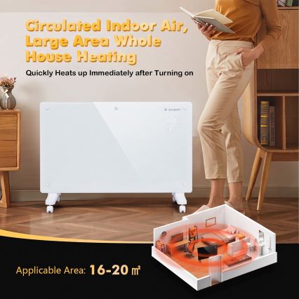 ZEVENTI - Pameten stenski električni grelnik/konvektor z LCD zaslonom 1000/2000W/230V Wi-Fi v beli barvi