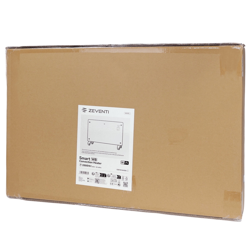 ZEVENTI - Pameten stenski električni grelnik/konvektor z LCD zaslonom 1000/2000W/230V Wi-Fi v beli barvi
