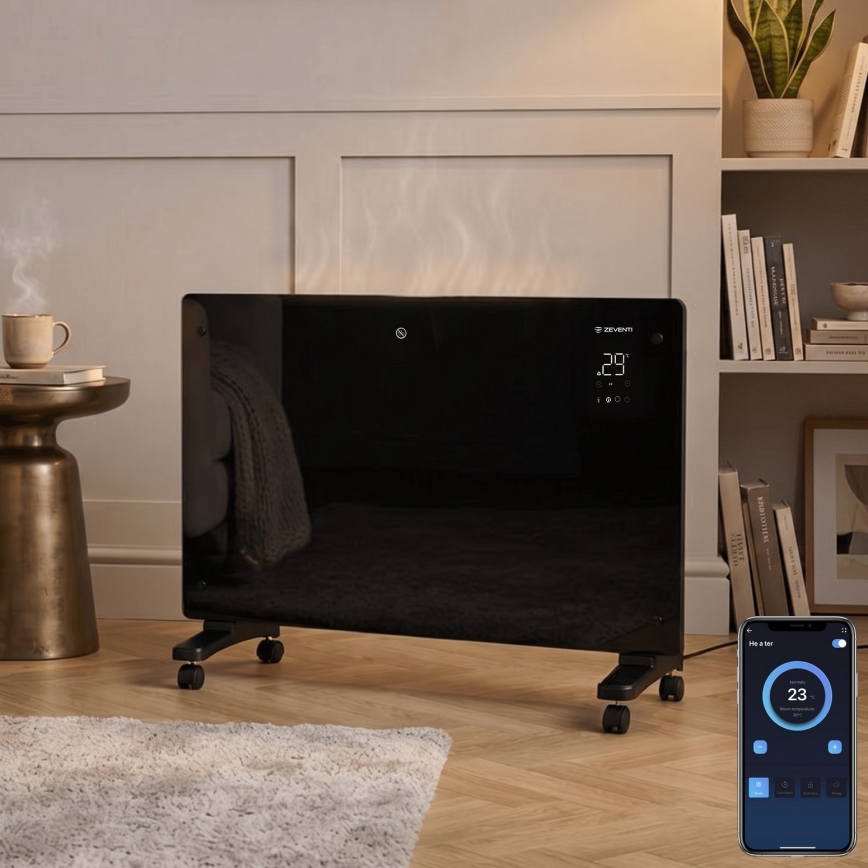 ZEVENTI - Pametni stenski električni grelec/konvektor z LCD zaslonom 1000/2000W/230V Wi-Fi črna
