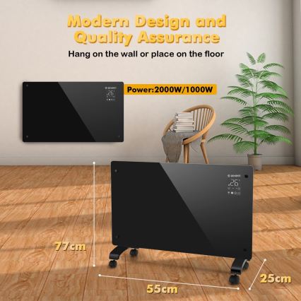 ZEVENTI - Pametni stenski električni grelec/konvektor z LCD zaslonom 1000/2000W/230V Wi-Fi črna