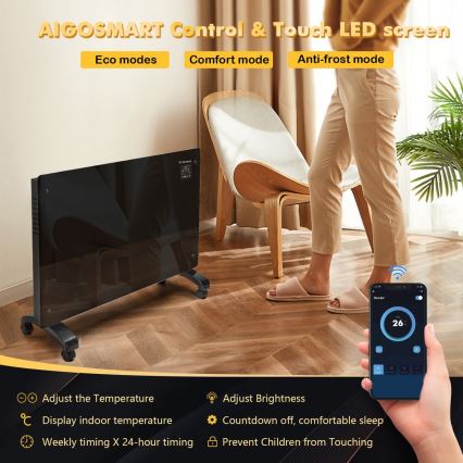 ZEVENTI - Pametni stenski električni grelec/konvektor z LCD zaslonom 1000/2000W/230V Wi-Fi črna
