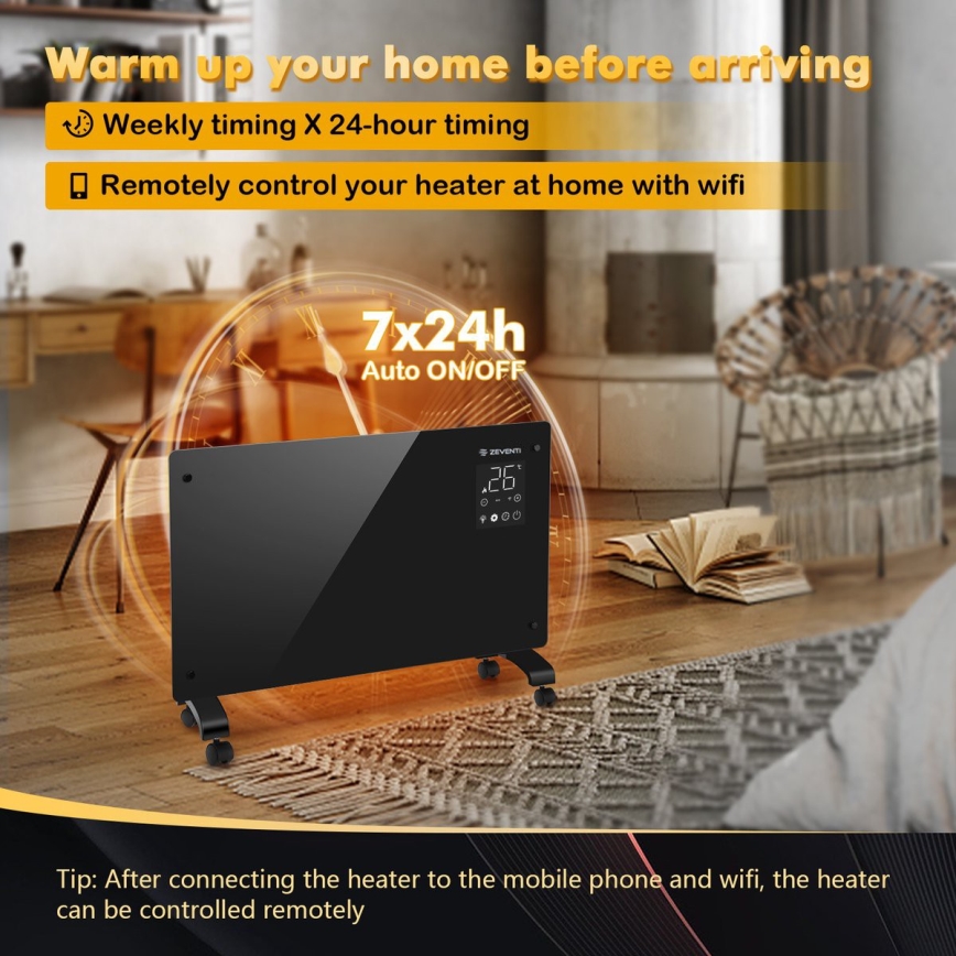 ZEVENTI - Pametni stenski električni grelec/konvektor z LCD zaslonom 1000/2000W/230V Wi-Fi črna