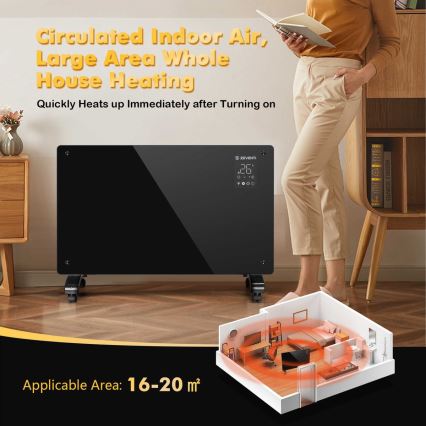 ZEVENTI - Pametni stenski električni grelec/konvektor z LCD zaslonom 1000/2000W/230V Wi-Fi črna