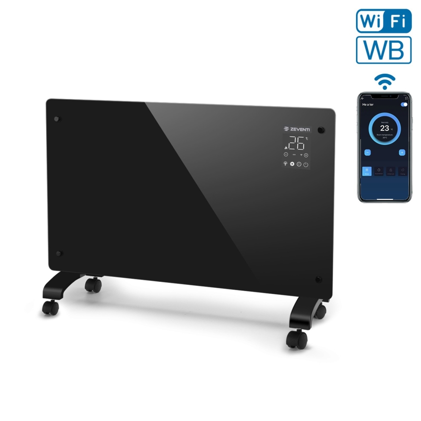 ZEVENTI - Pametni stenski električni grelec/konvektor z LCD zaslonom 1000/2000W/230V Wi-Fi črna