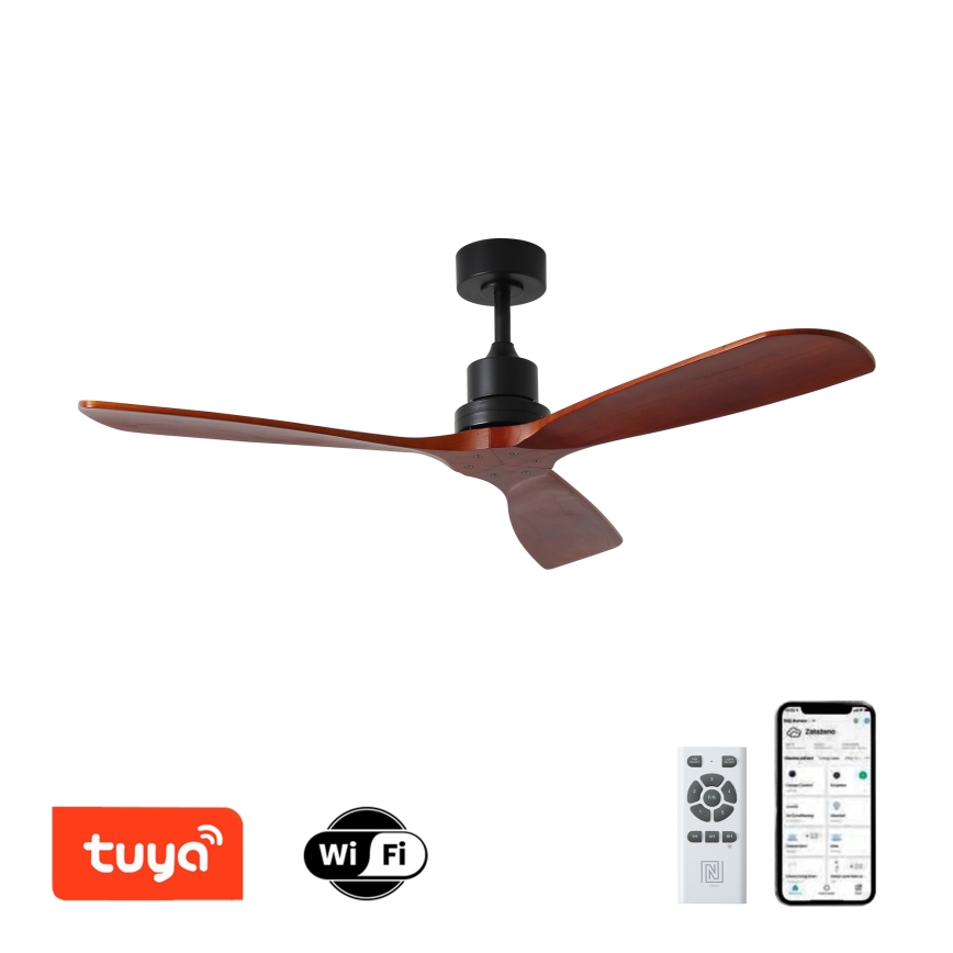 ZEVENTI - Stropni ventilator LIONI Wi-Fi Tuya črna/hrast + Daljinski upravljalnik